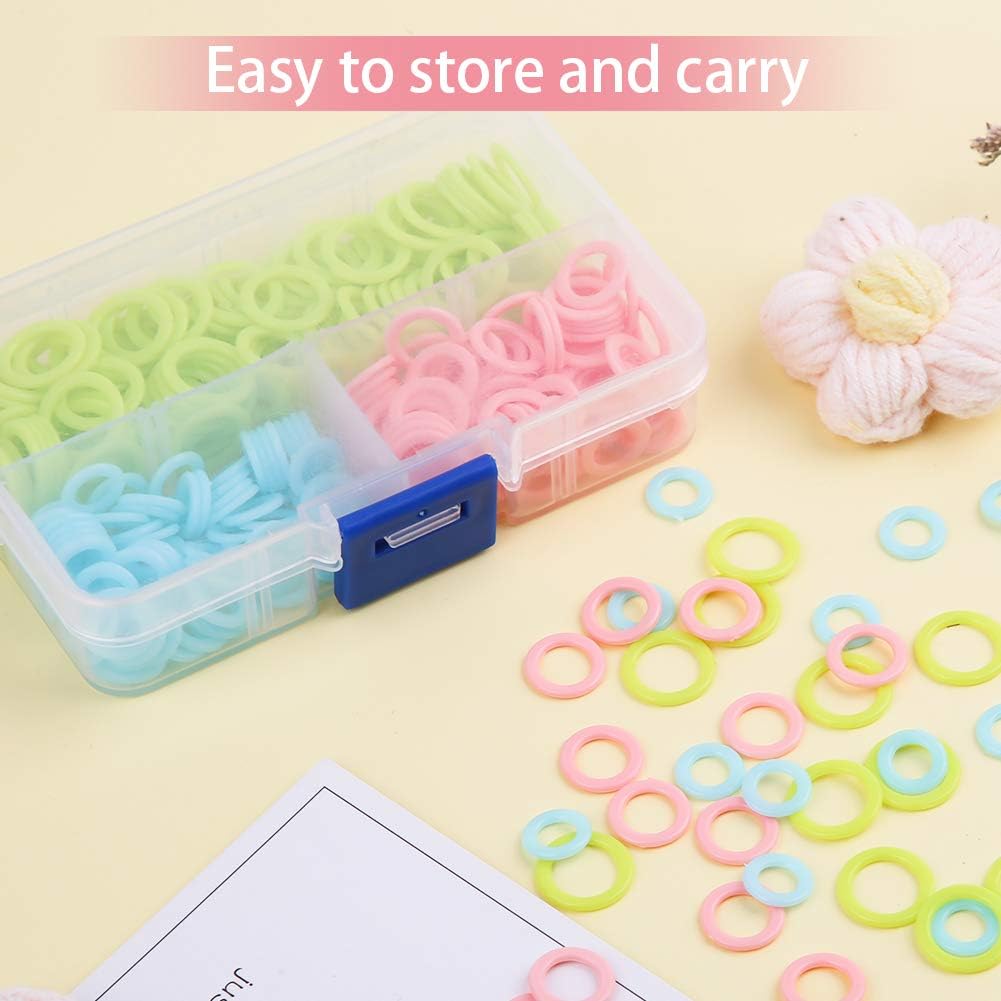 LUNARM 380 Pieces Colorful Knitting Stitch Markers Rings, Stitch Markers Rings(S/M/L) with Portable Storage Box for Sewing DIY Knitting Handcrafts