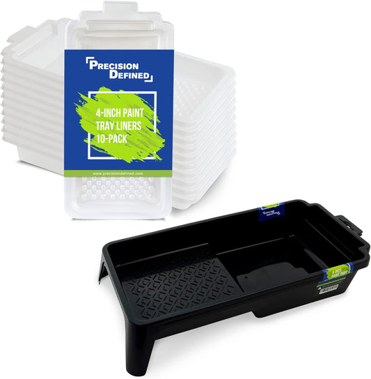 Precision Defined Paint Trays, Paint Roller Trays Liner, Plastic Paint Pan for Roller Brushes, Painting Tray for Painting with Deep Paint Pocket (Paint Tray & Liner (12-Pack), 4-inch)