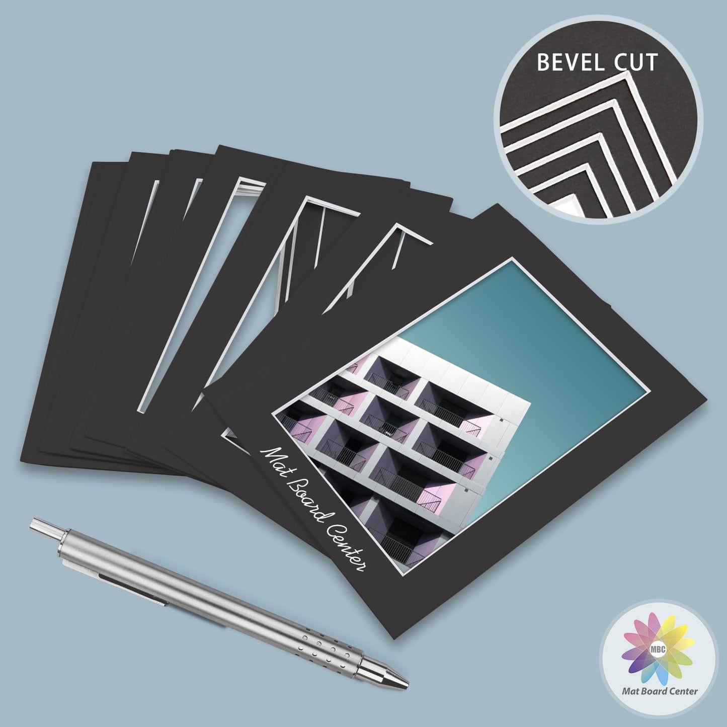 MBC Mat Board Center, 5 Pack 12x16 for 8x10 Black Picture Mats Frame Mattes, Bevel Cut, Acid Free, 4-ply Thickness