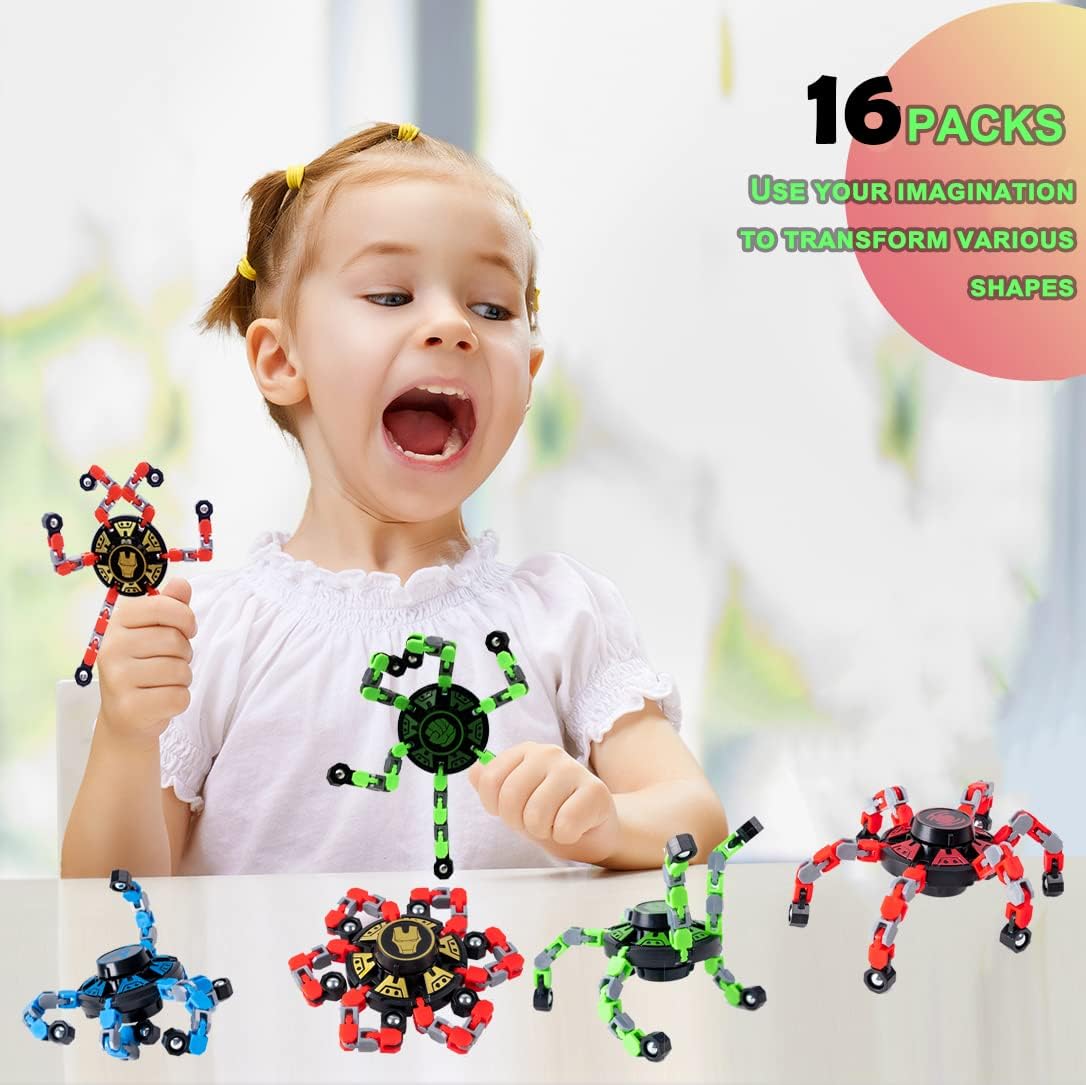 16Pack Fingertip Gyro Toy Mechanical Top DIY Deformation Robot Metal Transformable Spinners Funny Finger Chain Fidget Stress Relief ADD ADHD Astium for Kid Adults