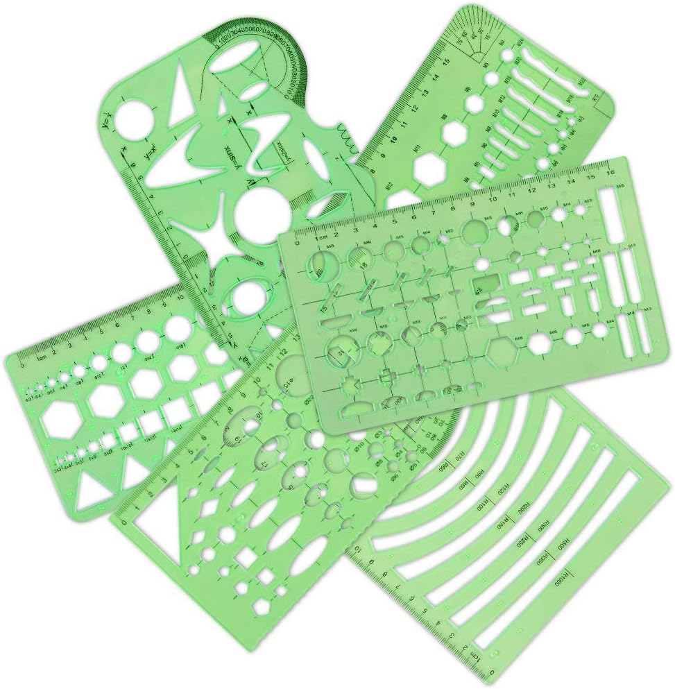 11 Pieces Geometric Drawings Templates Stencils Plastic Measuring Template Rulers Clear Green Shape Template for Drawing Engineering Drafting Building School Office Supplies