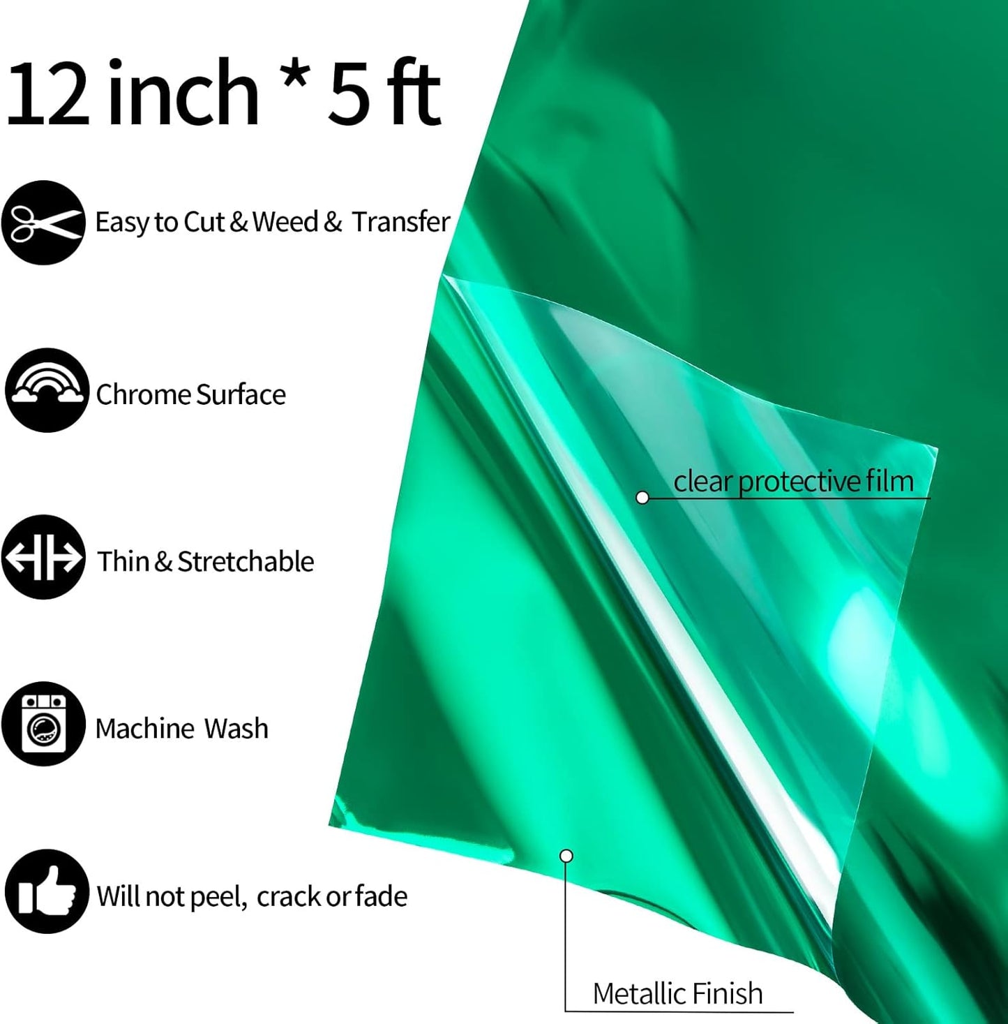 VINYL FROG Metallic Foil HTV Vinyl Roll 12" x5ft Green Chrome Heat Transfer Vinyl Iron on Vinyl Easy to Cut & Weed DIY Heat Press Design for T-Shirts