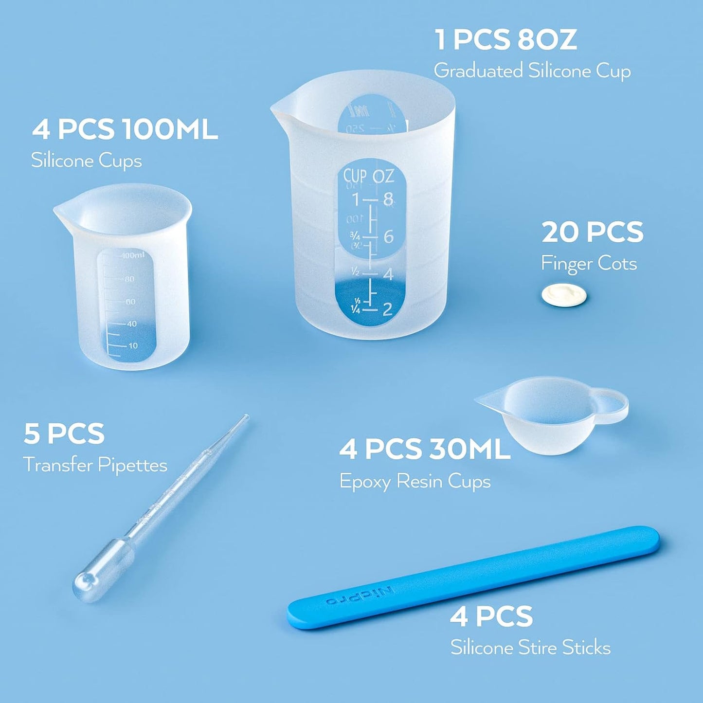Silicone Resin Measuring Cups Tool Kit- Nicpro 250 & 100 ml Measure Cups, Silicone Popsicle Stir Sticks, Pipettes, Finger Cots for Epoxy Resin Mixing, Molds, Jewelry Making, Waxing, Easy Clean