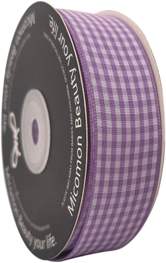 Purple and White Woven Edge Plaid Ribbon 100% Polyester Gingham Ribbon 25 Yards Each Roll (1",Purple)