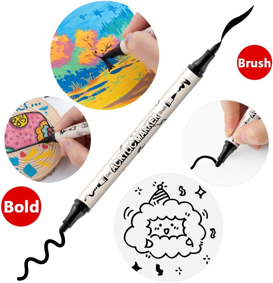 TRANSON 8 Pack Black Brush and Bold Dual-tip Acrylic Paint Marker for DIY Glass Canvas Wood Leather Ceramic Rock Painting