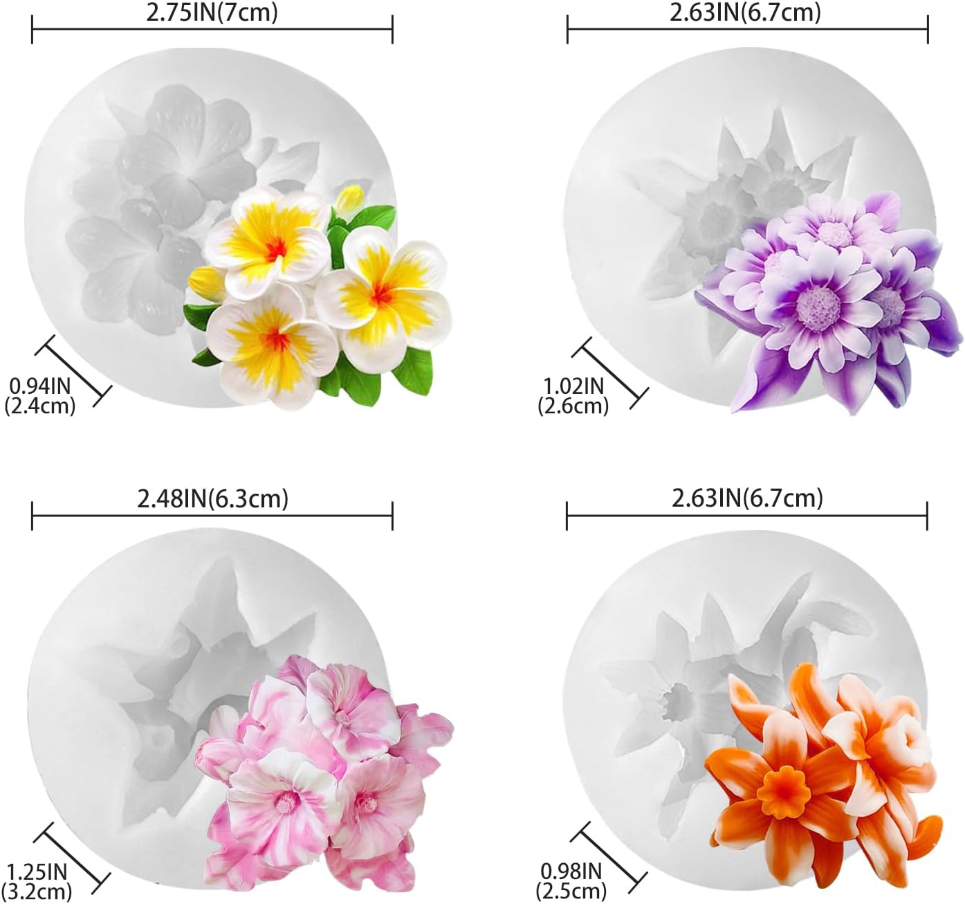 4PCS Flower Silicone Mold 3D Cute Flower Resin Candle Molds for Candle Making Sun Flowe Daffodils Petunia Plumeria Flowe Silicone Mold Resin Aromatherapy Gypsum Wax Soap Clay Craft