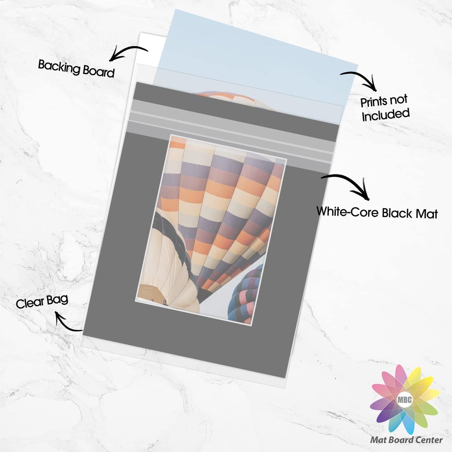 Mat Board Center, Pack of 50, 8x10 for 5x7 Black Picture Mat Sets - Acid Free, 4-ply Thickness, Bevel Pre-Cut White Core - Includes Backing Boards and Clear Bags - for Pictures, Photos, Framing