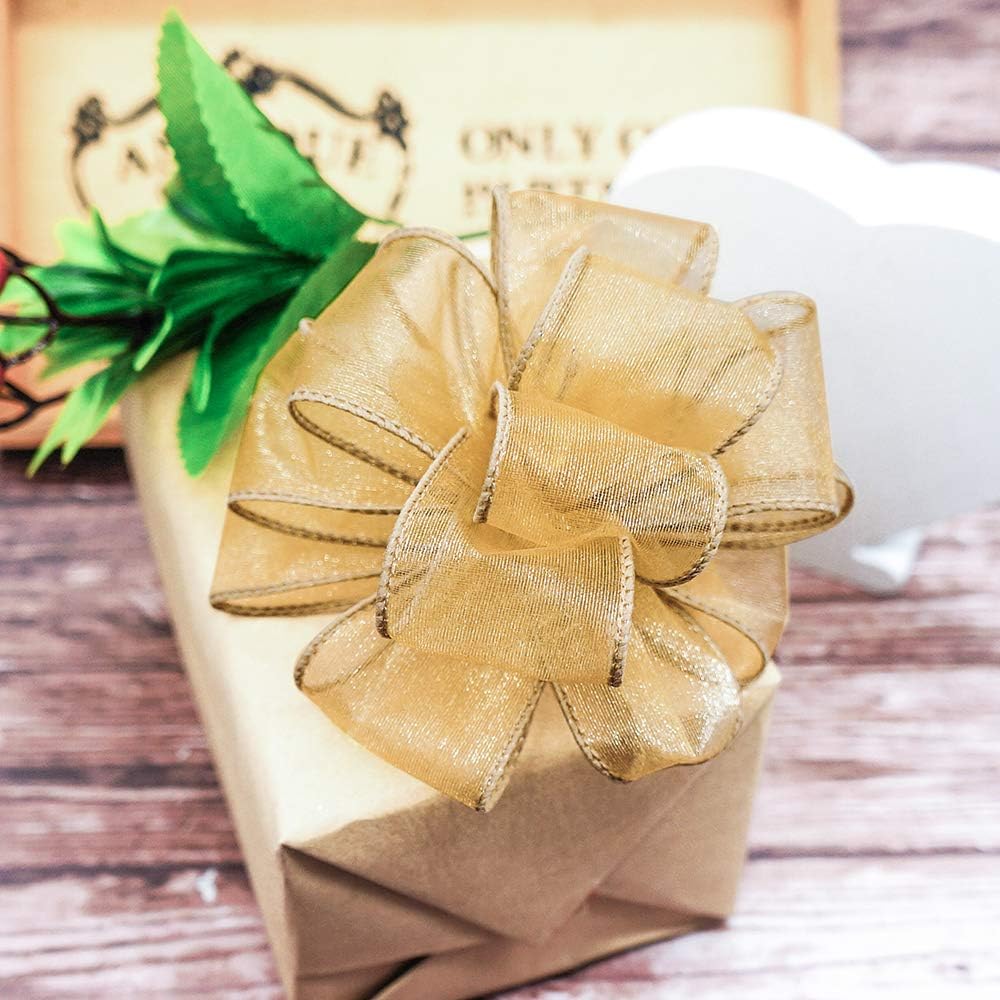 CT CRAFT LLC Sheer Organza Wired Ribbon 2.5" x 50Yards Tan (Gold) for Wedding Chair Bow Flora Bouquet Gift Wrapping Christmas Tree Home Decor Wreath