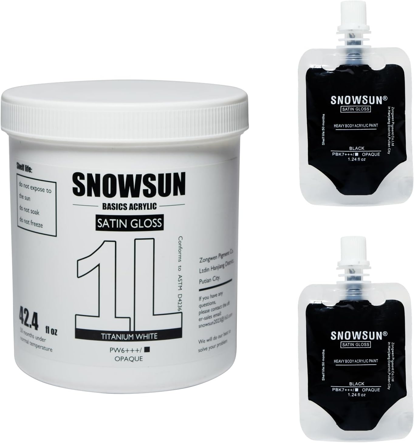 SNOWSUN Large Bulk Acrylic Paint, Titanium White Acrylic Paint 1L /42.4 oz, and 25ml*2 Pouch Charcoal Black, Gloss Non-Toxic Heavy Body Paints, Thick Art Paints for Multi-Surface Canvas Wood Ceramic Fabric Wall- Ideal for Artists & Beginners