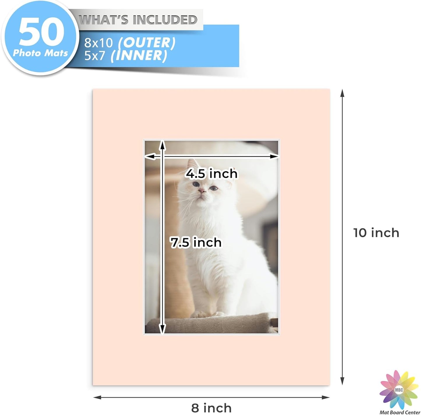 Mat Board Center, Pack of 50, 8x10 for 5x7 Mixed Color Mats - Acid Free, 4-ply Thickness, White Core - for Pictures, Photos, Framing