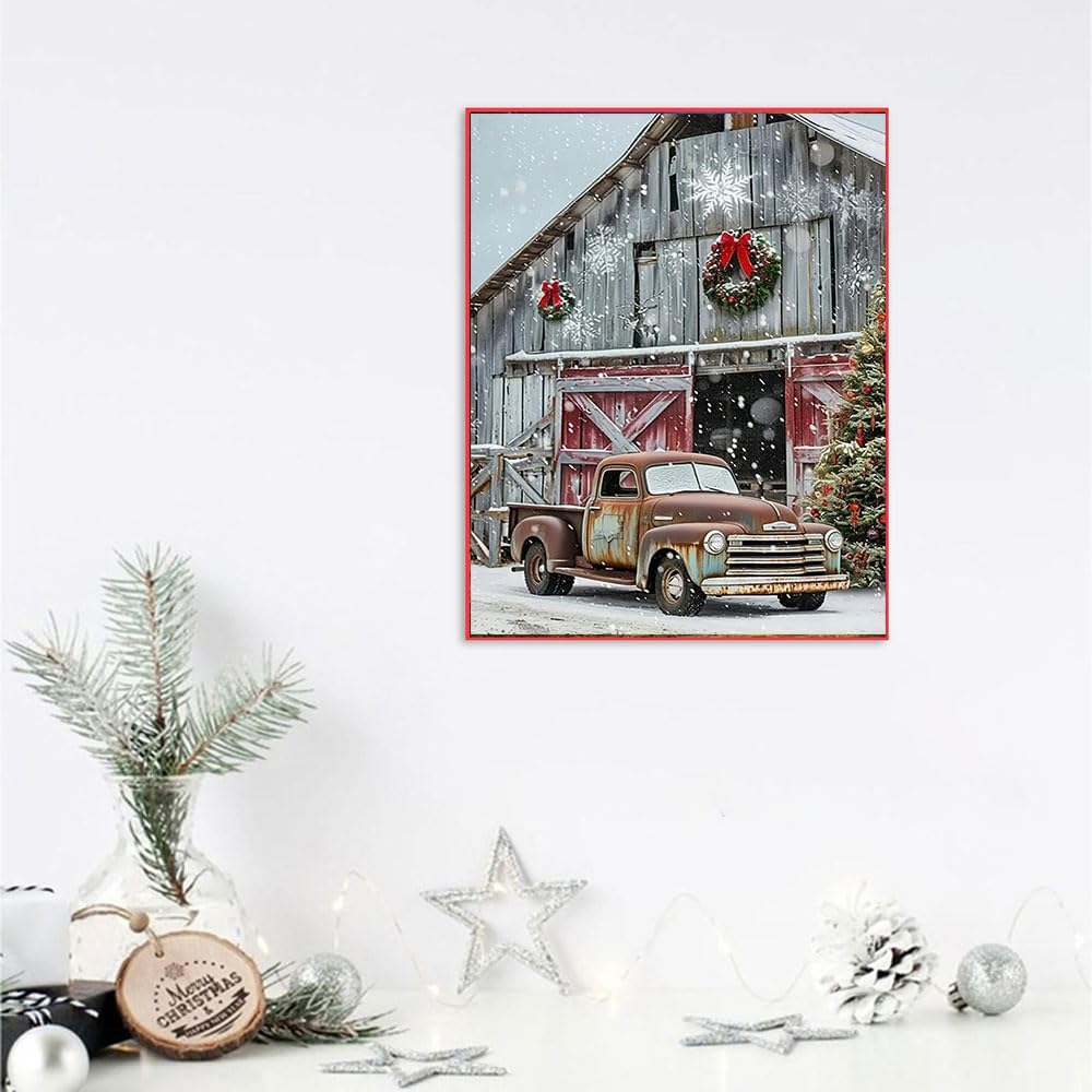 Christmas Stamped Cross Stitch Kits - Red Truck Counted Cross Stitch Kits for Beginners Adults Needlepoint Cross-Stitch Patterns Dimensions Needlecrafts Embroidery Kits Arts and Crafts