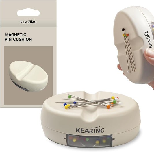 KEARING Magnetic Pin Cushion with Storage Drawer - Strong Magnet Pin Holder for Sewing - Beige Pincushion Caddy Organizer for Quilting Pins, Paper Clips, Screws - Sewing Accessories