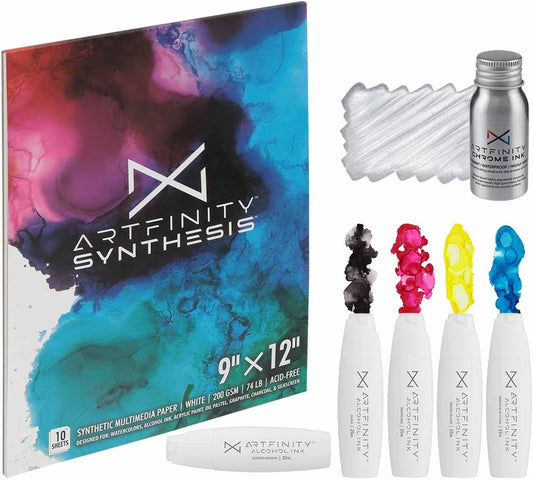 Alcohol Ink - CMYK Set, 7 Pieces | 10 Sheets 9x12 Multimedia Paper | Fast-Drying, Permanent, Transparent Alcohol Inks for Gloss Paper, Glass, Metal | 25 ml Bottles