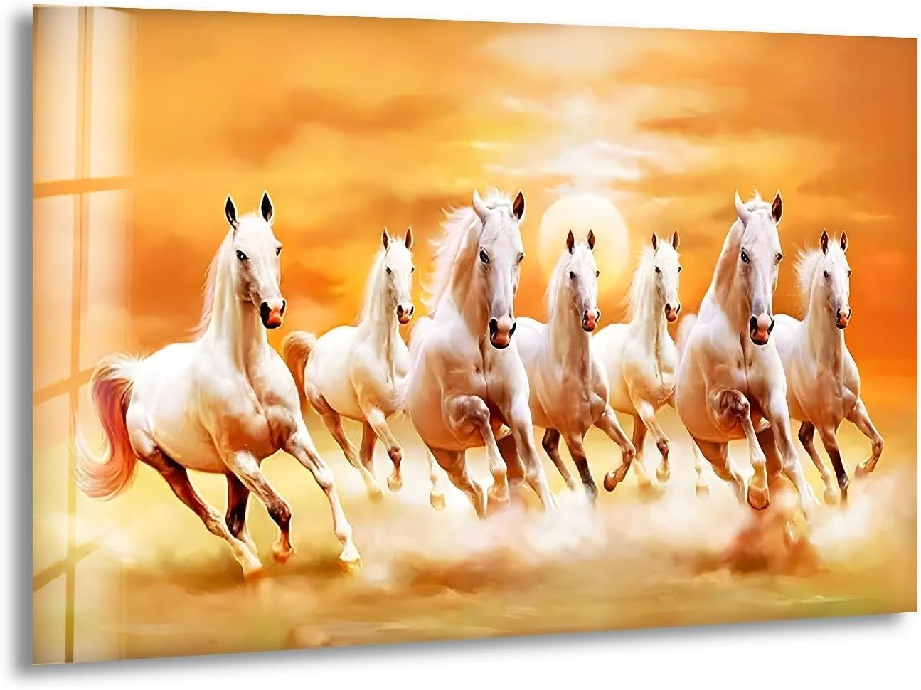 My Photostation.com 30Wx24H'' White Horses Running on Sunset Glass Wall ArtTempered Glass Printing Wall Decor Large Wall Art Wall Hangings
