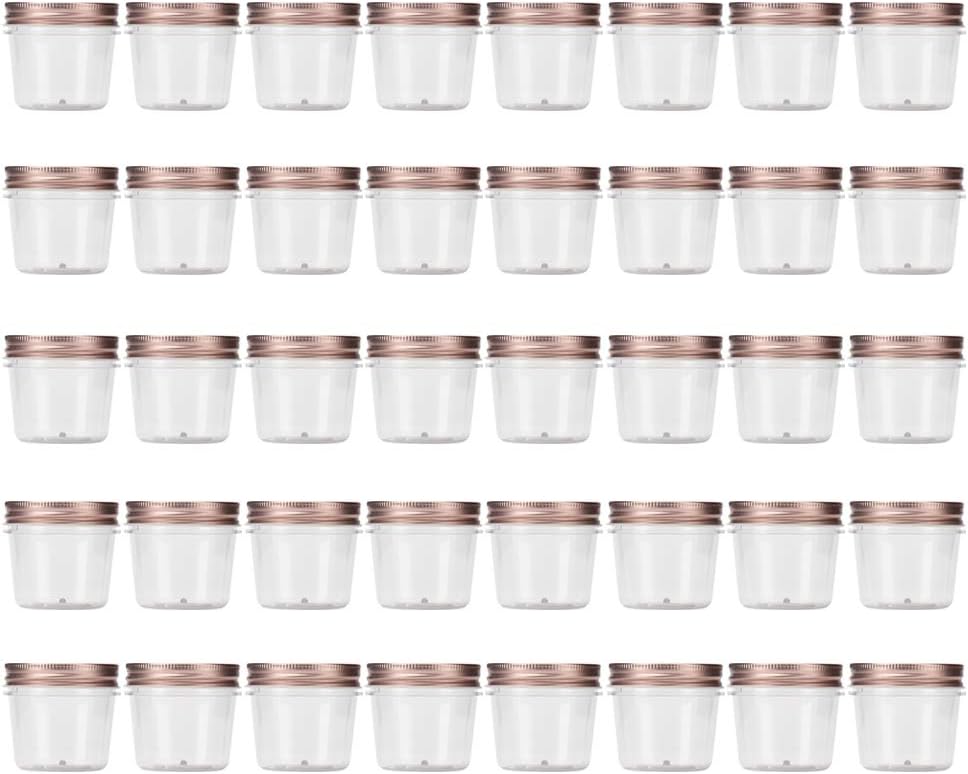 Novelinks 4 Ounce Clear Plastic Jars with Rose Gold Lids - Refillable Round Containers for Kitchen & Household Storage - BPA Free (40 Pack)