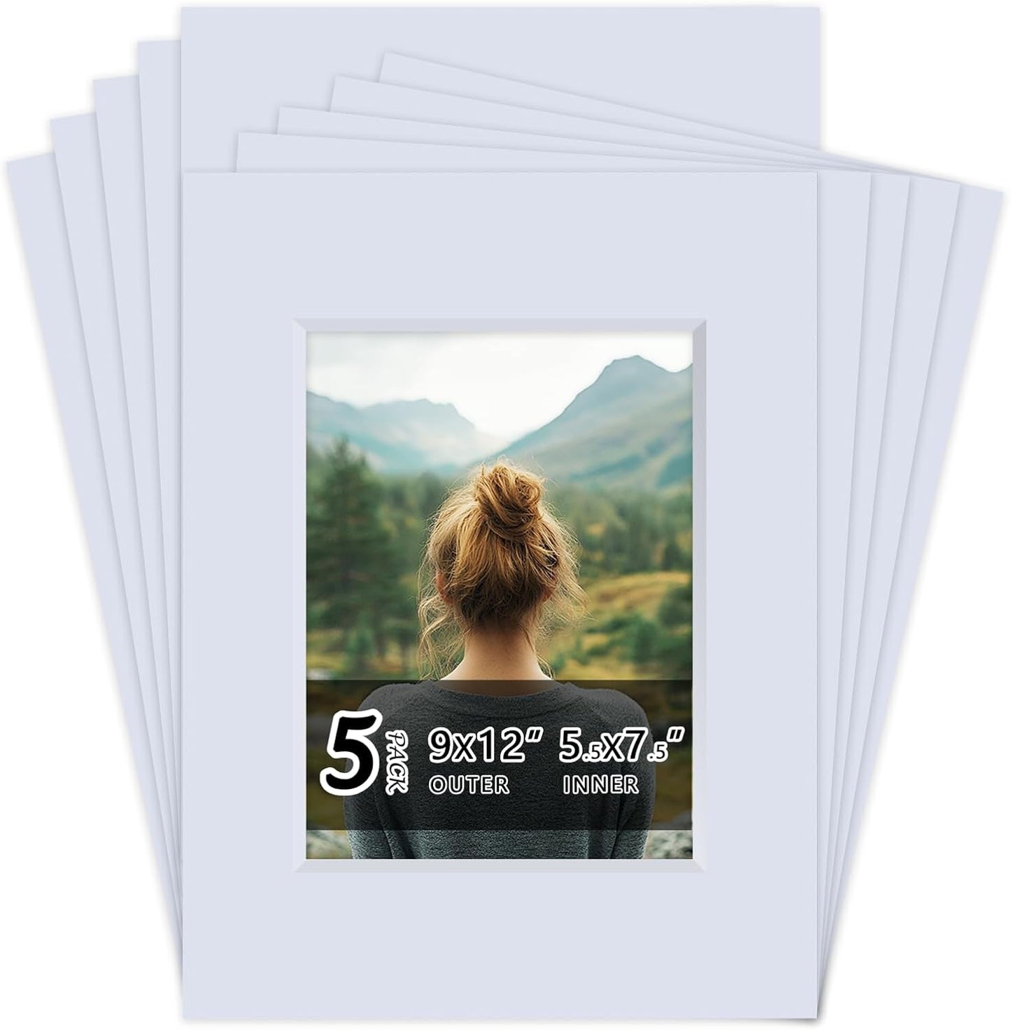 Falling in Art 5 Pack Acid Free 9x12'' White Picture Mats Board Show Kit for 6x8'' Photos, 4-Ply Beveled Pre-Cut Photo Mats with Backing Board for Frames, Artwork and Prints