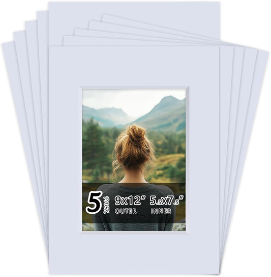 Falling in Art 5 Pack Acid Free 9x12'' White Picture Mats Board Show Kit for 6x8'' Photos, 4-Ply Beveled Pre-Cut Photo Mats with Backing Board for Frames, Artwork and Prints