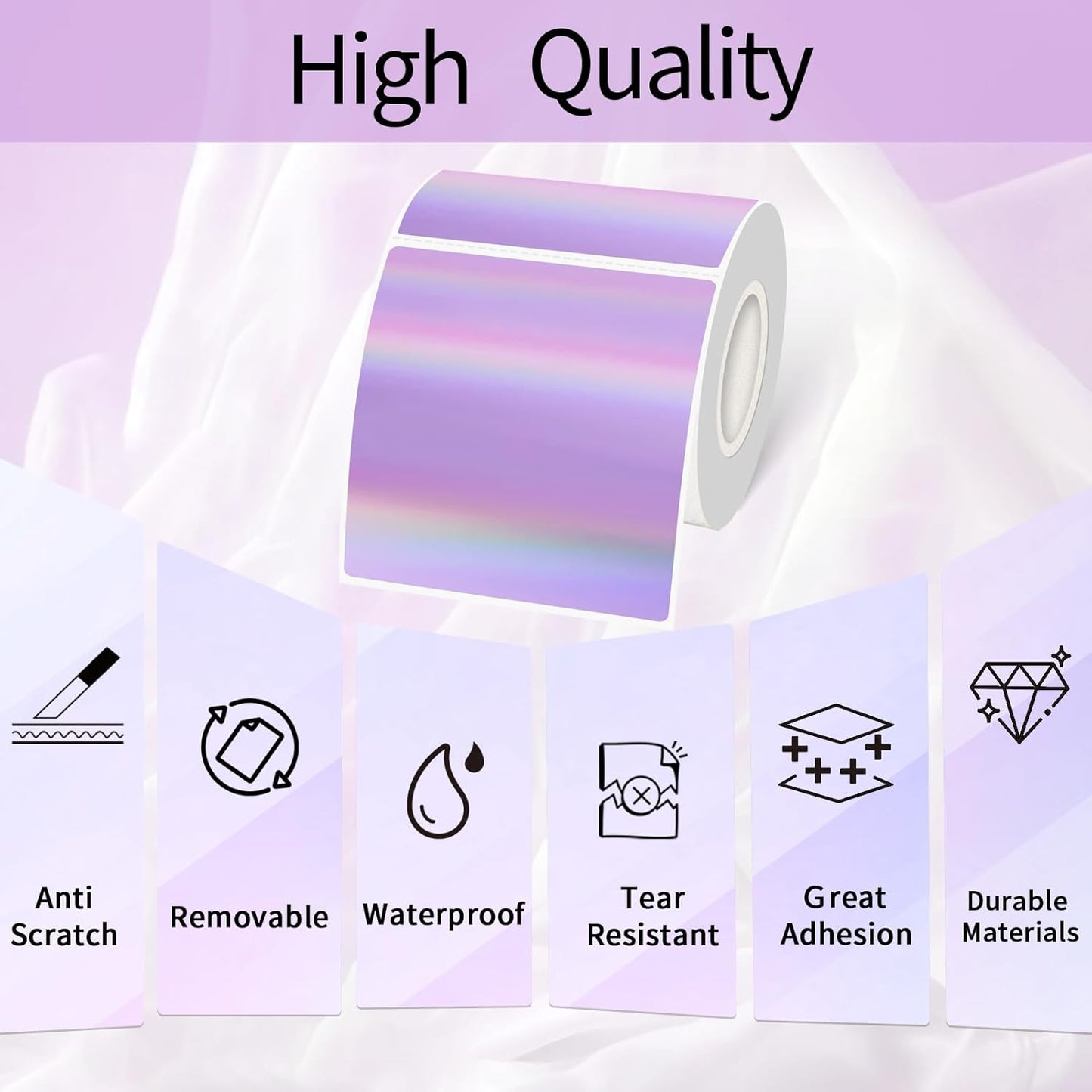 Holographic Square Thermal Labels Stickers 3" x 3", Direct Square Thermal Stickers Labels, Glitter Self-Adhesive Thermals Label for Small Business- Holographic Purple