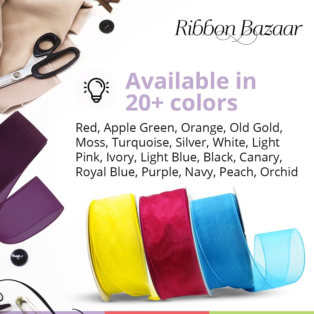 Ribbon Bazaar Sheer Organza Wired Ribbon - 100% Polyester Wire Edged Ribbon for Floral Decor, Table Arrangements, Apparel Embellishment & More - 1-1/2" Navy 25yd