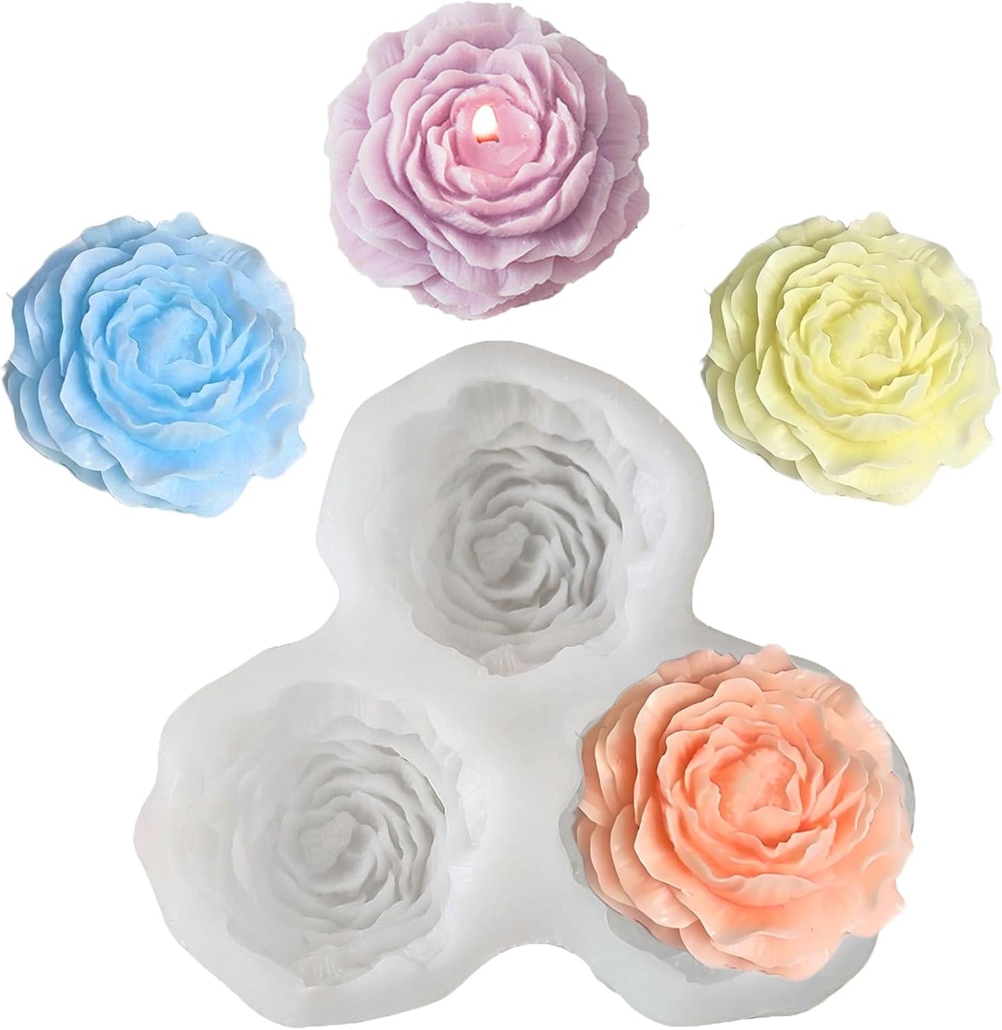 Peony Flower Silicone Candle Molds, 3 Cavity Flower Mold for Soap Candle Making Epoxy Resin Clay Plaster Crafts Casting Home Decor Handmade Gifts