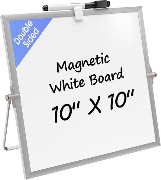 MaxGear Small White Board with Stand, 10" x 10" Double-Sided Magnetic Aluminium Frame Whiteboard, Mini Dry Erase Board for Drawing, Kitchen Grocery List, Memo