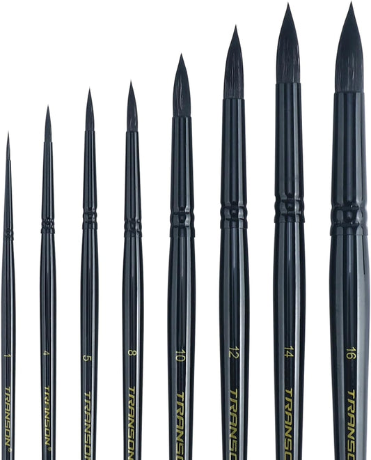 Transon 8pcs Round Watercolor Paint Brush Set Goat Hair for Watercolors,Acrylics,Inks,Gouache,Oil and Tempera Black Color