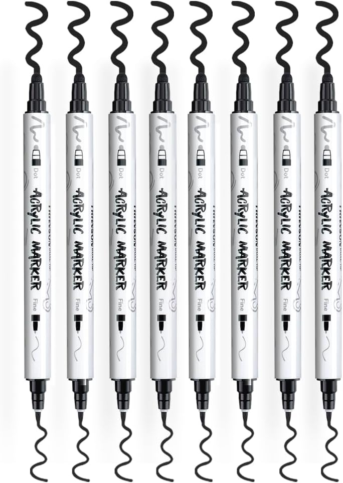 TRANSON 8 Pack Black Bold and Fine Dual-tip Acrylic Paint Marker for DIY Glass Canvas Wood Leather Ceramic Rock Painting