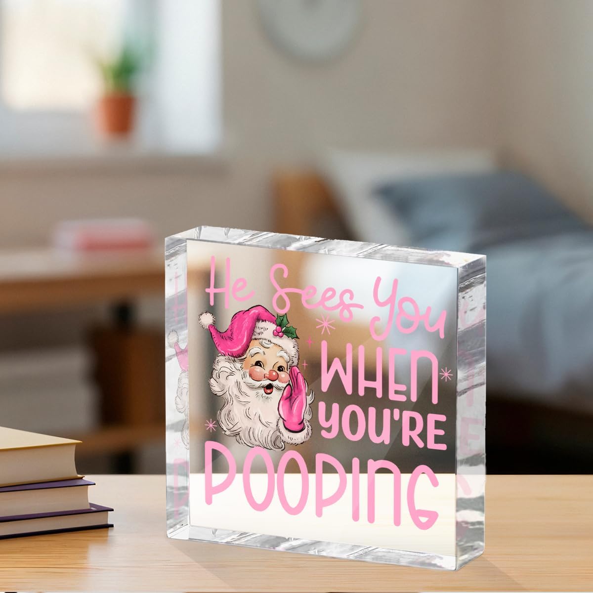 Funny Santa Desk Decor Acrylic Sign 4X4 Inch, Humorous Christmas Decorations Desk Signs for Toilet Cubicle Room Bathroom, Gag Gifts for Women Men Friends