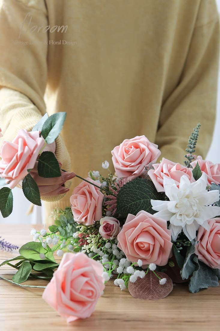 Floroom Artificial Flowers 50pcs Real Looking Peach Pink Foam Fake Roses with Stems for DIY Wedding Bouquets Bridal Shower Centerpieces Floral Arrangements Party Tables Home Decorations