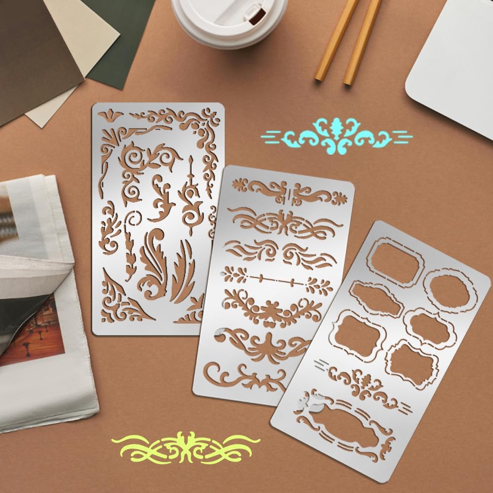 9PCS Metal Stencils Wood Burning Stencil Journal Border Stencils Letter Stencil Engraving Templates for Painting Scrapbooking Bookmark Flower Vines DIY(4 x 7 Inch)