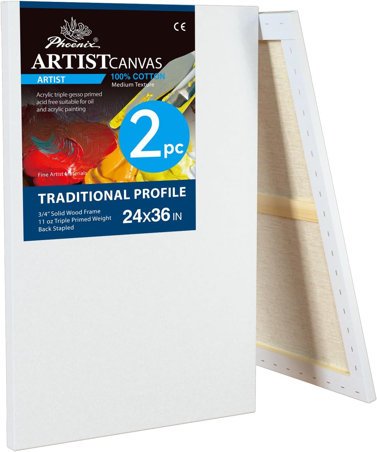 PHOENIX 24x36 Inch 2 Pack Artist Canvas - Extra Large Stretched Canvases for Painting - 3/4 Inch Profile, 100% Cotton 11 Oz. Gesso Primed White Blank Professional Canvas Oil & Acrylic Paints