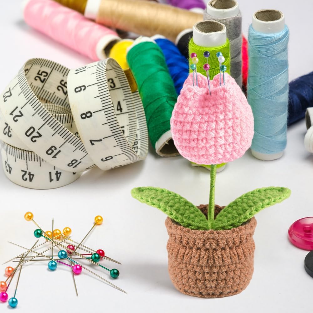 Tulip Pin Cushion, Handmade Knitted Pincushions, Cute Pin Cushions Needle Holders for Sewing Quilting Accessory, DIY Crafts or Patchwork Decor.Flowerpot Design Pink Tulip