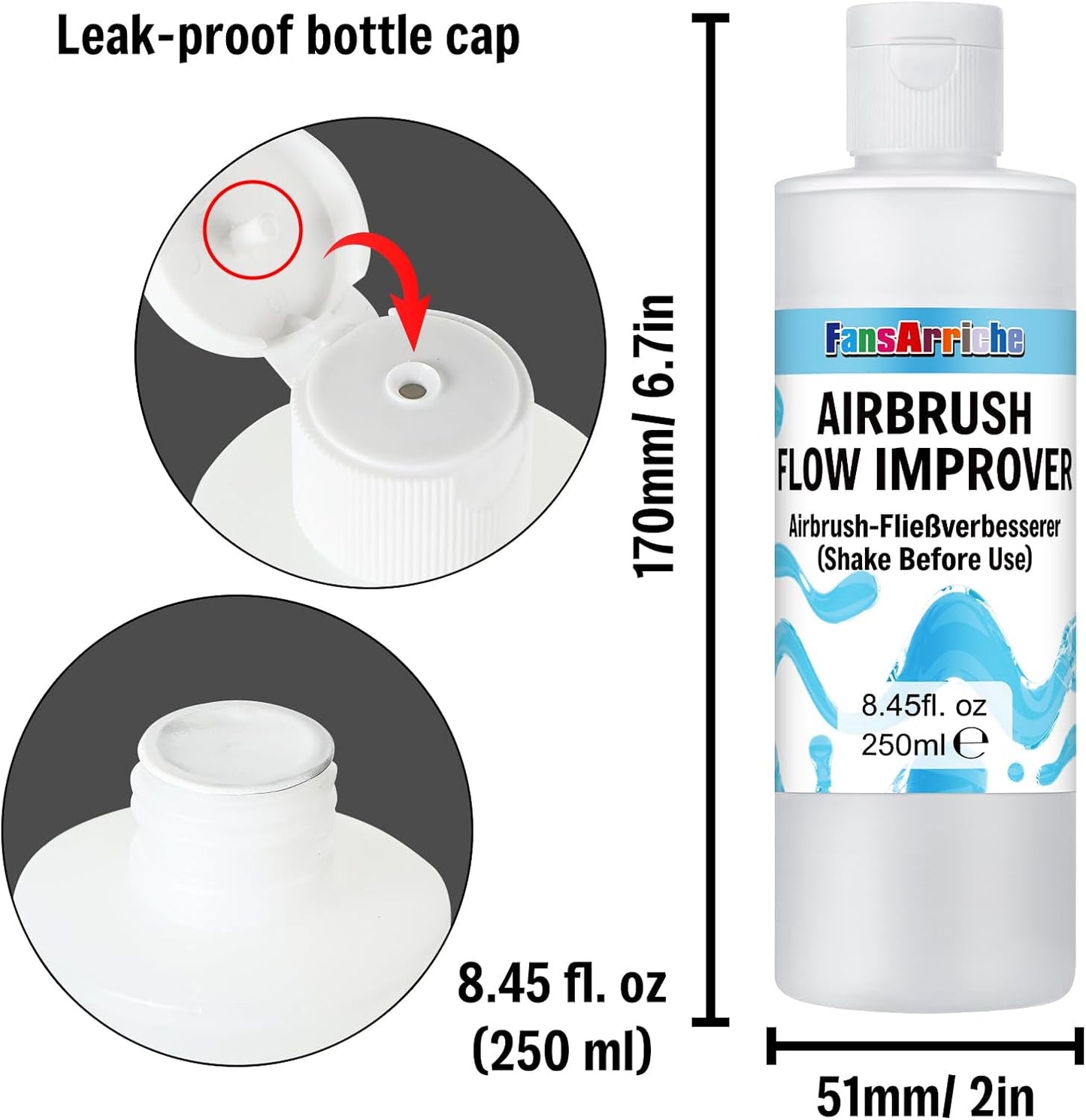 FansArriche Airbrush Flow Improver, 250 ml (8.45 oz) Bottle for Acrylic Airbrush Paints, Reduce Clogs and Improve Acrylic Paint Flows