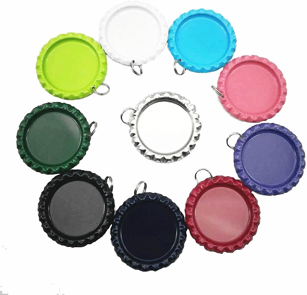 Mixed Colors Flat Bottle Caps with Holes and Rings – 1 Inch Aluminum Bottle Cap Pendants for DIY Jewelry, Crafts, Keychains – 50 PCS