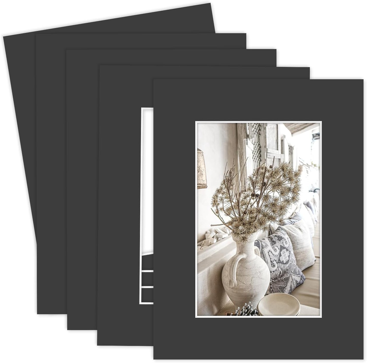 MBC Mat Board Center, 5 Pack 6x8 for 4x6 Black Picture Mats Frame Mattes, Bevel Cut, Acid Free, 4-ply Thickness