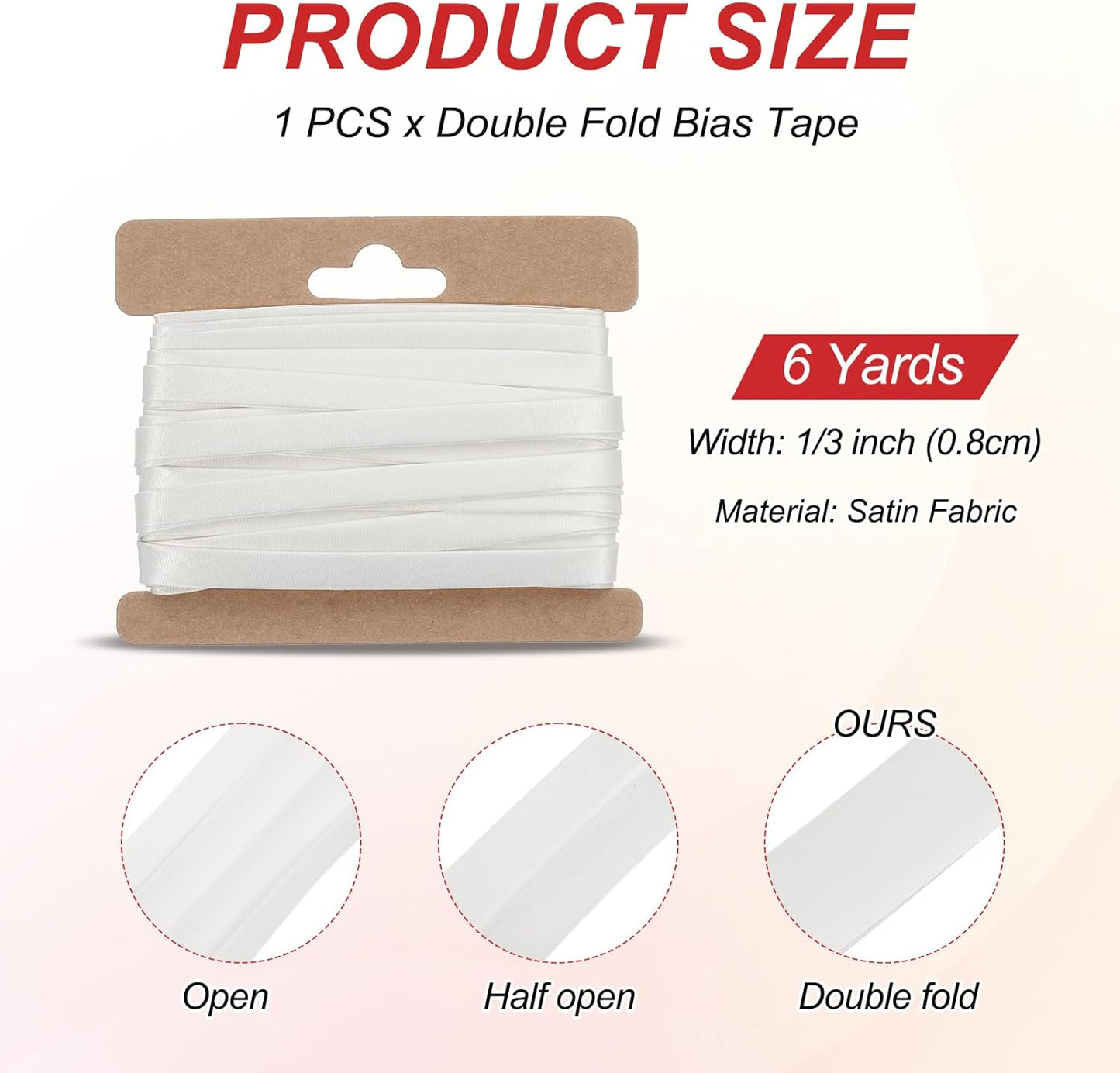 MECCANIXITY Double Fold Bias Tape for Sewing 1/3 Inch x 6 Yards Satin Pre-fold Continuous Binding Tape for Seaming Quilting Hemming Binding DIY Crafts, White