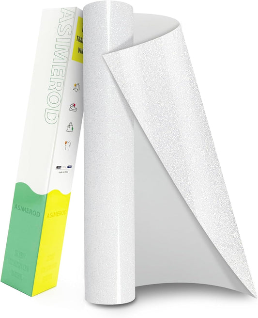 Glitter HTV Heat Transfer Vinyl Rolls- 12" x 10ft. Glitter Iron on Vinyl for DIY T-Shirts, Glitter for All Cutters, Heat Transfer Vinyl (White)