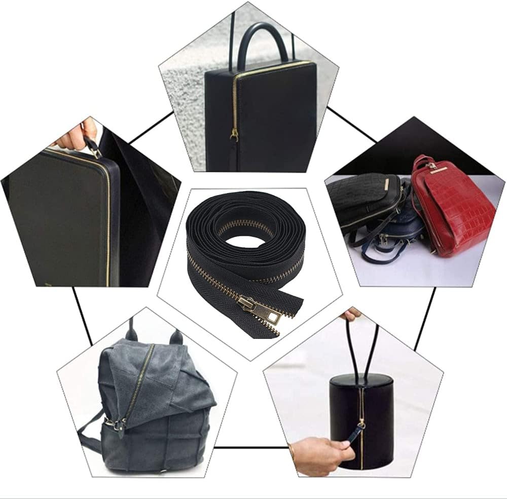 Meillia #3 Upholstery Zipper Tape by The Yard Black Metal Zippers 5 Yards with 10pcs Antique Brass Pulls for Sewing Tailor Crafts (Anti-Brass 5 Yards)