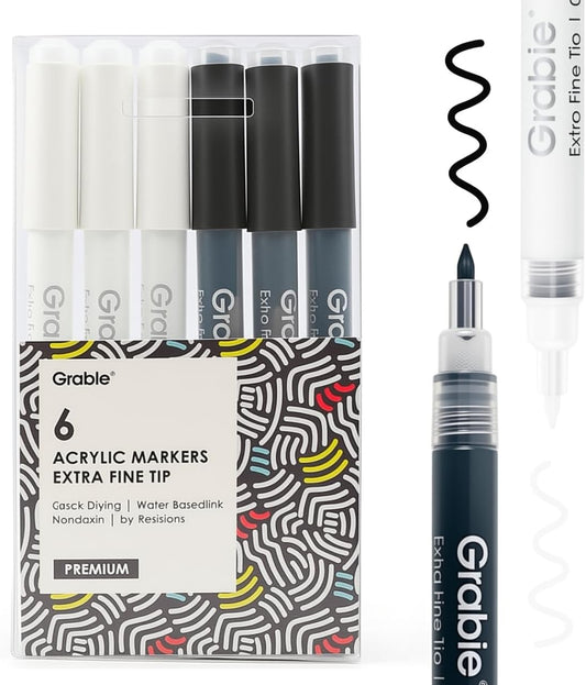 Grabie Black&White Extra Fine Tip Acrylic Paint Marker Set, 6 Pack, 0.7mm Acrylic Paint Pens for Highlights, White Highlight Markers