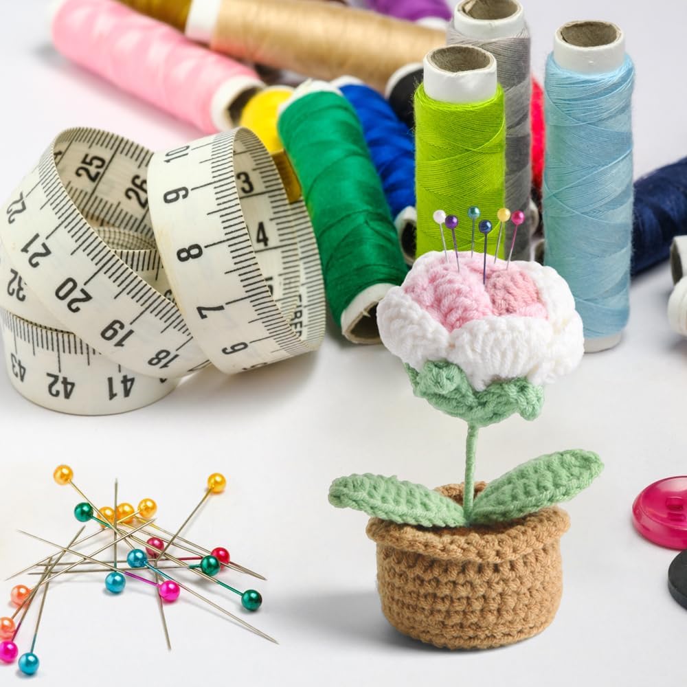 Rose Pin Cushion, Handmade Knitted Pincushions, Cute Pin Cushions Needle Holders for Sewing Quilting Accessory, DIY Crafts or Patchwork Decor.Potted White Pink Rose