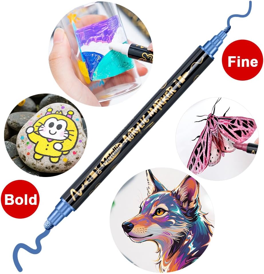 TRANSON 12Colors Metallic Paint Markers Bold and Fine Dual-tip for Rock Wood Ceramic Canvas DIY Painting Drawing