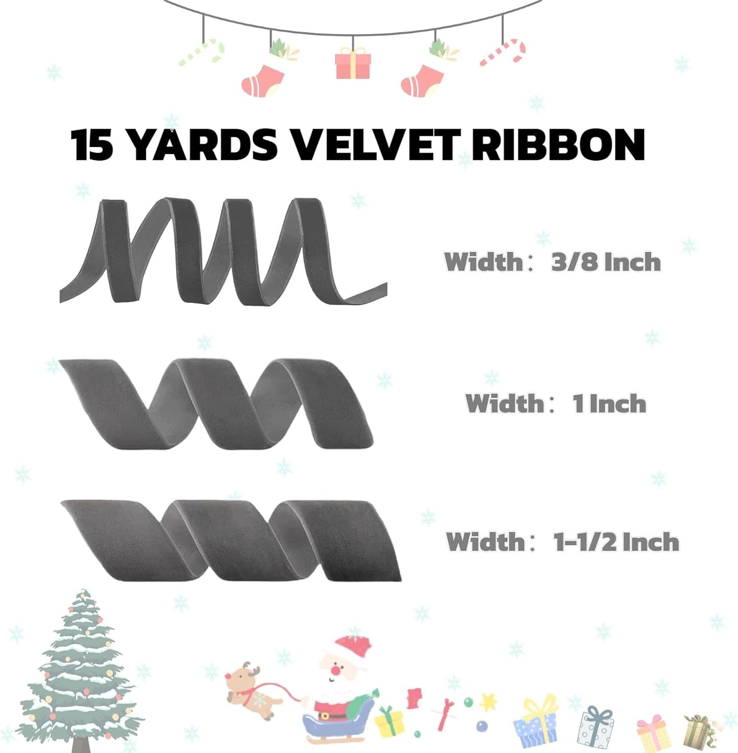 15 Yards Velvet Ribbon 3/8 Inch Single Face Grey Velvet Ribbon Spool Prefect for Holiday Wedding, Ribbons for Gift Wrapping, Christmas Tree Ornaments Wreath Hair Bows, Ribbons for Crafts