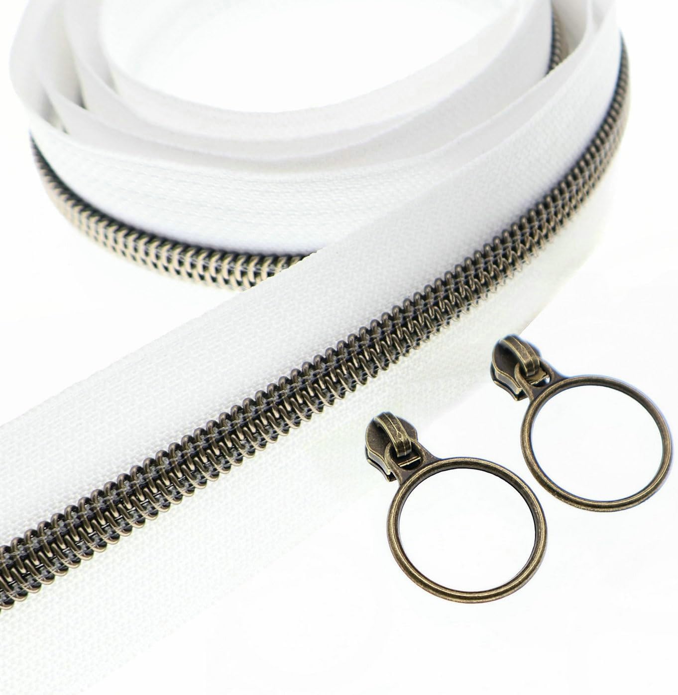Leekayer #5 Antique Brass Metallic Nylon Coil Zippers by The Yard Bulk 10 Yards White Zipper Tape with 25pcs Antique Brass Ring Pull Sliders for DIY Sewing Tailor Craft Bag(White)
