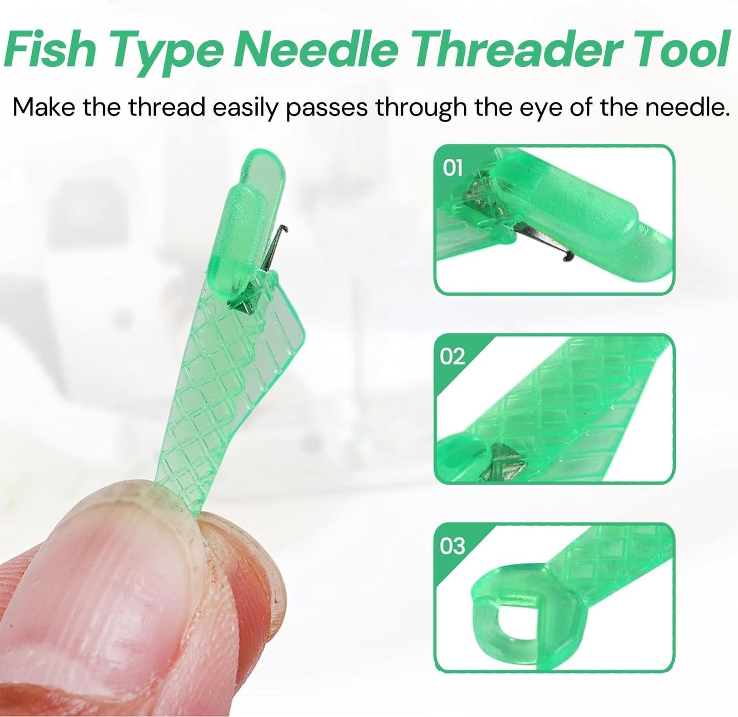 Fish Mouth Needle Threader for Sewing Machine, Quick Sewing Needle Threader Tool, Fish Type Sewing Machine Needle Threader, Sewing Threaders for DIY and Sewing Machine (Green)