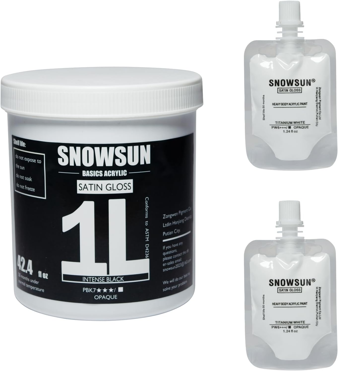 SNOWSUN Large Bulk Acrylic Paint, Basic Charcoal Black Acrylic Paint 1L /42.4 oz, and 25ml*2 Pouch Titanium White, Gloss Non-Toxic Heavy Body Paints - Thick Art Paints for Multi-Surface Canvas Wood Ceramic Fabric Wall- Ideal for Artists & Beginners