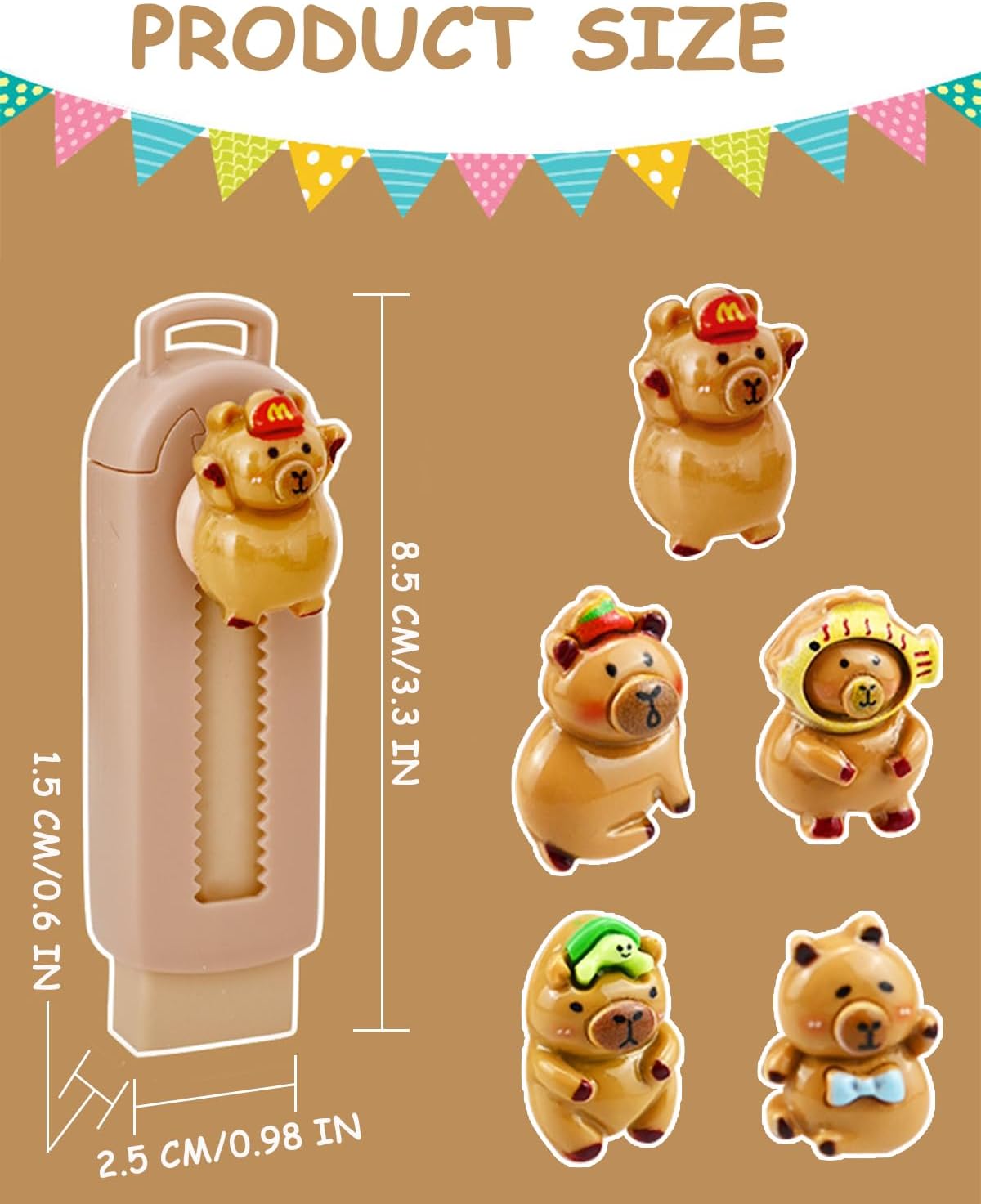 5 Pack Capybara Retractable Erasers, Cute Pencil Erasers for Kids, Students, Capybara Lovers, Large Push-Pull Rubber Eraser Set, School Office Home Stationery Supplies, Brown Colors