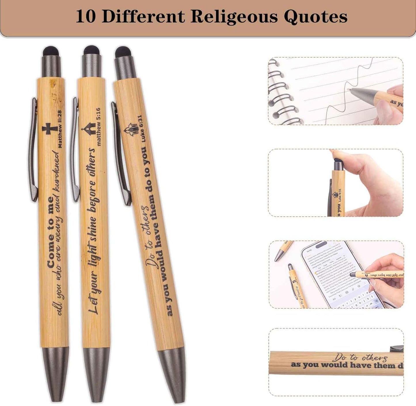 10 Pcs Christian Inspirational Stylus Bamboo Ballpoint Pens Set Bible Pens Bulk Christian Pens Gifts for Church Women Men Sunday Party Teacher Christians Supplies