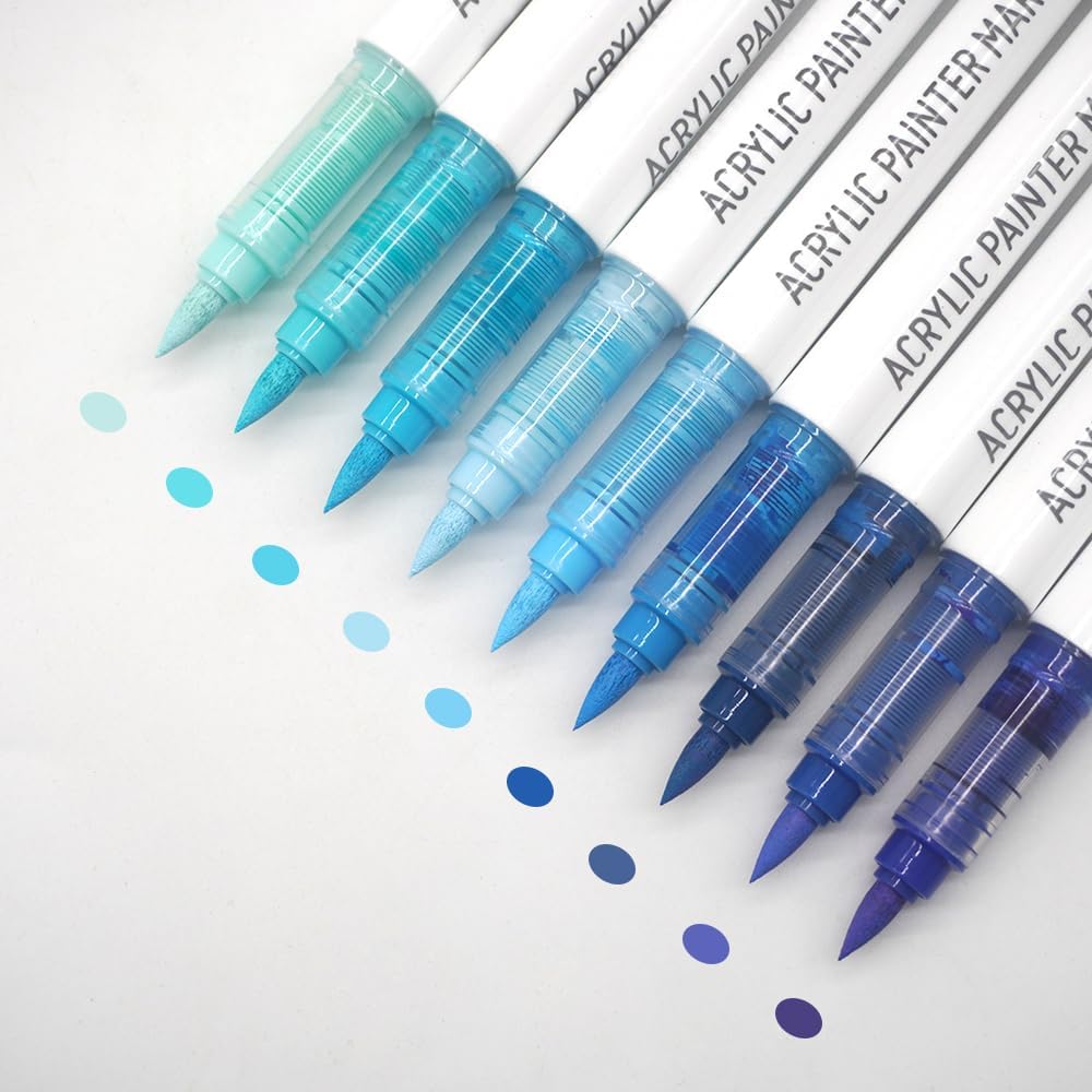 Water Based Acrylic Paint Markers Blue, 9 Colors Acrylic Paint Pens Set with Soft Brush Tip, Marker Pen for Rock Painting, Egg, Wood, Glass, Paper, Mugs, Acrylic Painter Ink (Blue Series)