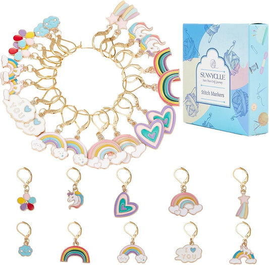 SUNNYCLUE 1 Box 20Pcs Knitting Stitch Markers Crochet Rainbow Colorful Leverback Charms Cute Crochet Markers for Knitting Weaving Sewing Needleworks Women DIY Craft