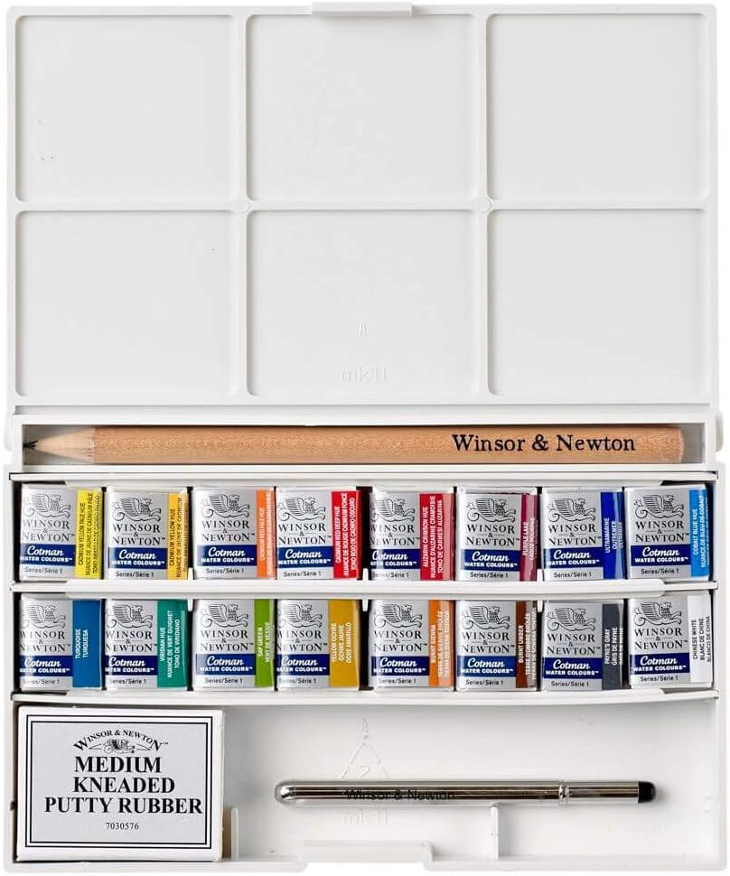 Winsor & Newton Cotman Watercolor Paint Set, Complete Pocket Set, 16 Half Pan w/ Brush, Eraser, Mixing Palette